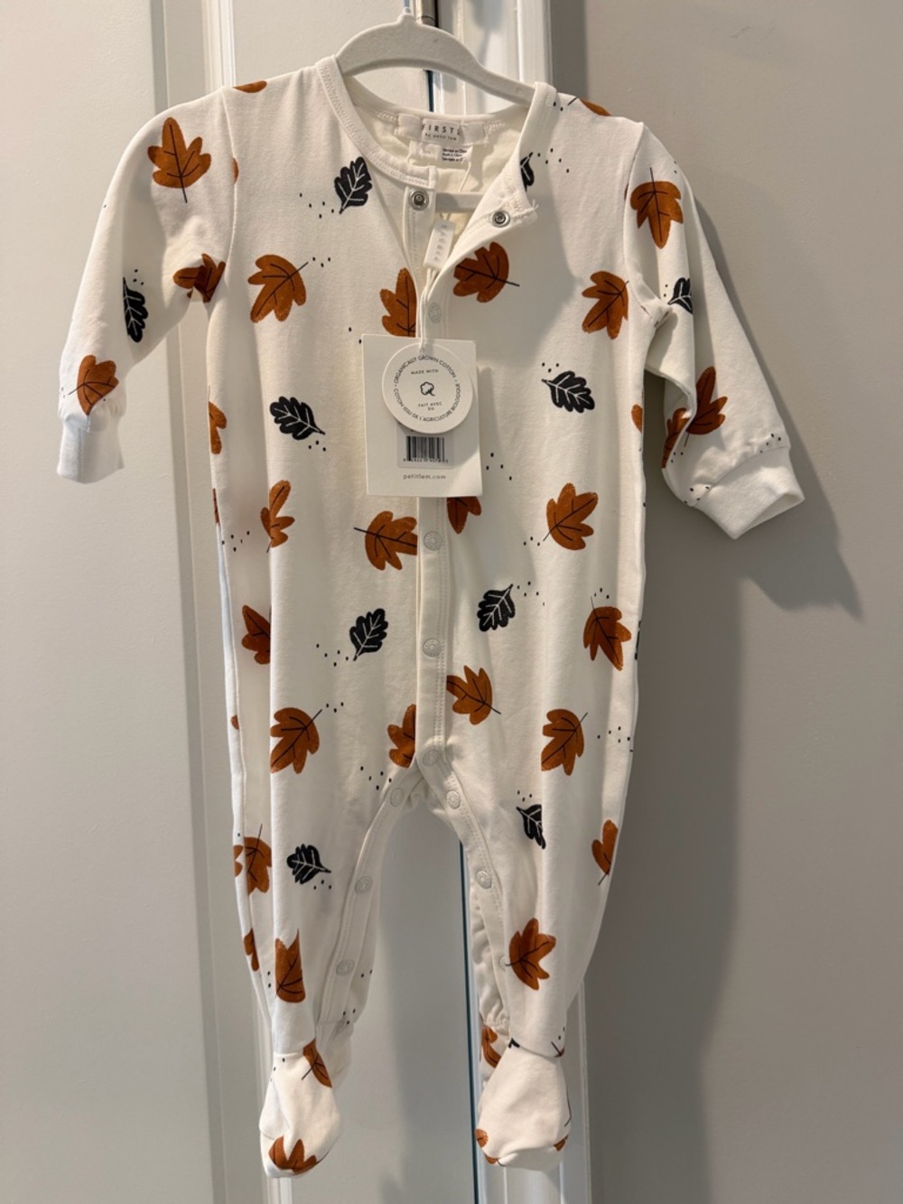 Firsts by Petite Lem One-Piece with Autumn Leaf Print - White/Orange 3 months